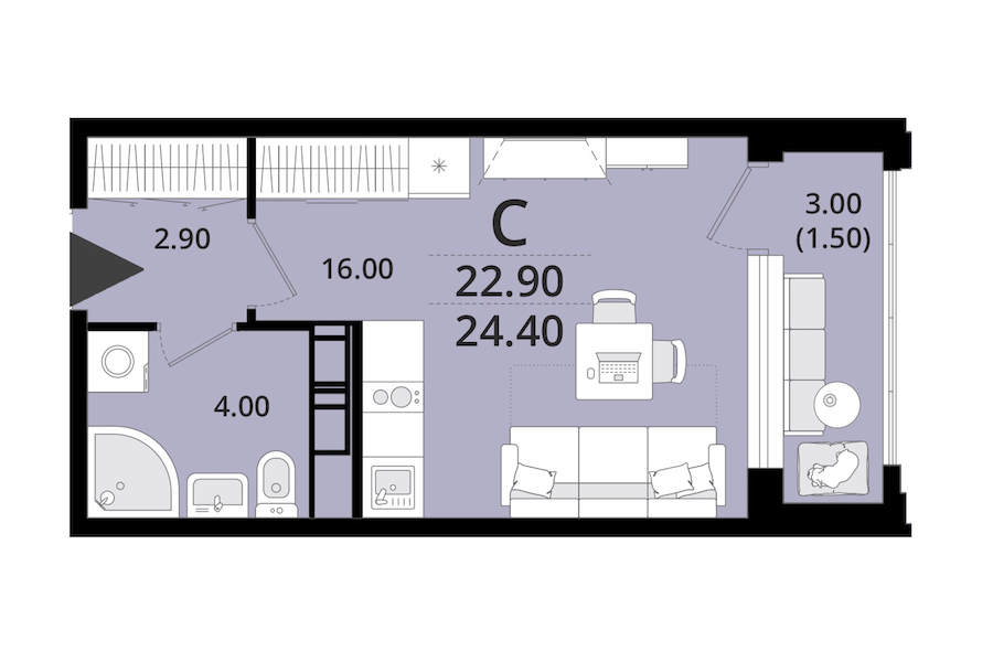 Квартира студия 24.4 м², 13/13 эт., ЖК «Тайм Сквер»